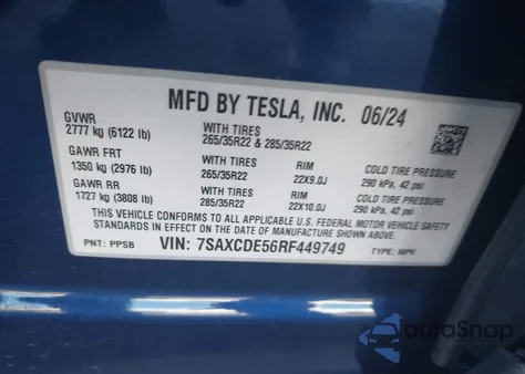 2024 Tesla Model X Long Range из США, поврежденный, VIN 7SAXCDE56RF449749